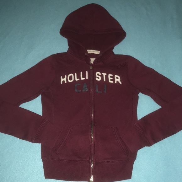 Hollister Tops - HOLLISTER Cali hoodie double zipper 2 front pockets burgundy long sleeve size XS